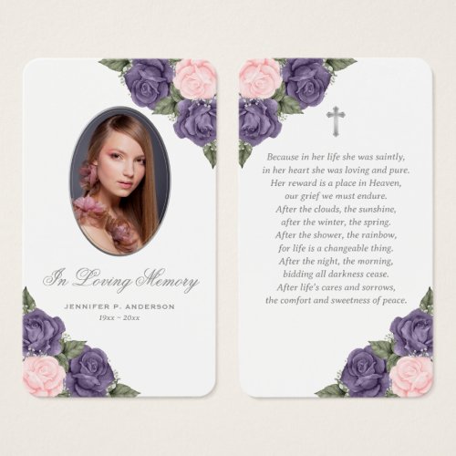 Pink Purple Roses Silver Cross Funeral Prayer Card