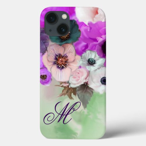 PINK PURPLE  ROSESWHITE ANEMONE FLOWERS MONOGRAM iPhone 13 CASE