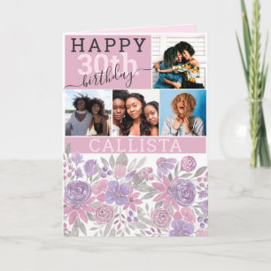 Pink Purple Sage Floral Watercolor Photo Birthday Card
