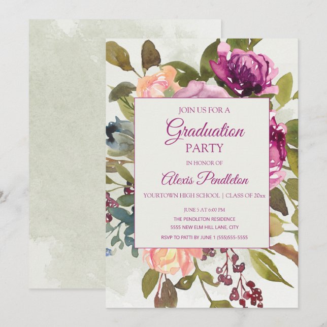 Pink Purple Sage Green Graduation Party Invitation (Front/Back)