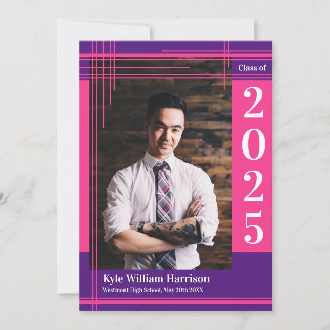 Pink Purple School Color Graduation Photo Plaid Invitation (Front)