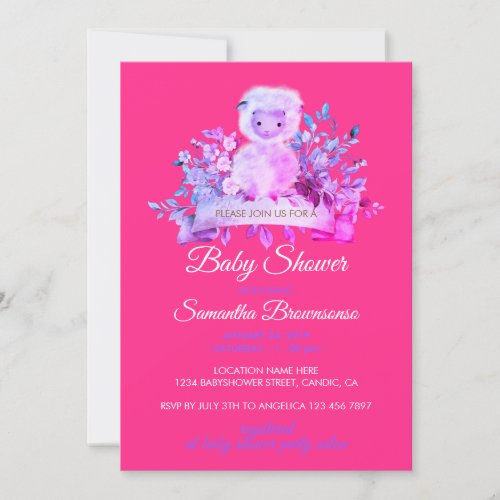 Pink Purple Sheep Lamb Botanical Baby Shower Invitation