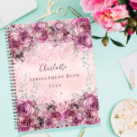 Pink purple silver florals name script 2024 planner<br><div class="desc">A blush,  pale pink metallic looking background. Decorated with pink and purple florals,  flowers with faux silver foliage. Personalize and add a name. The name is written with a modern hand lettered style script</div>