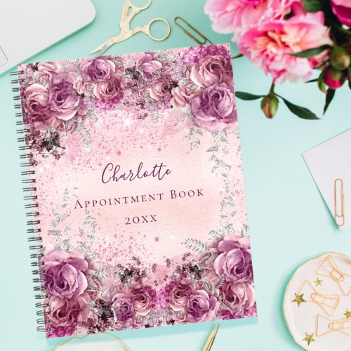 Pink purple silver florals name script 2024 planner