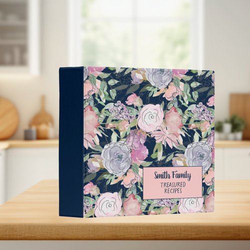 Pink Purple Sketched Flowers Navy Blue Recipe 3 Ring Binder