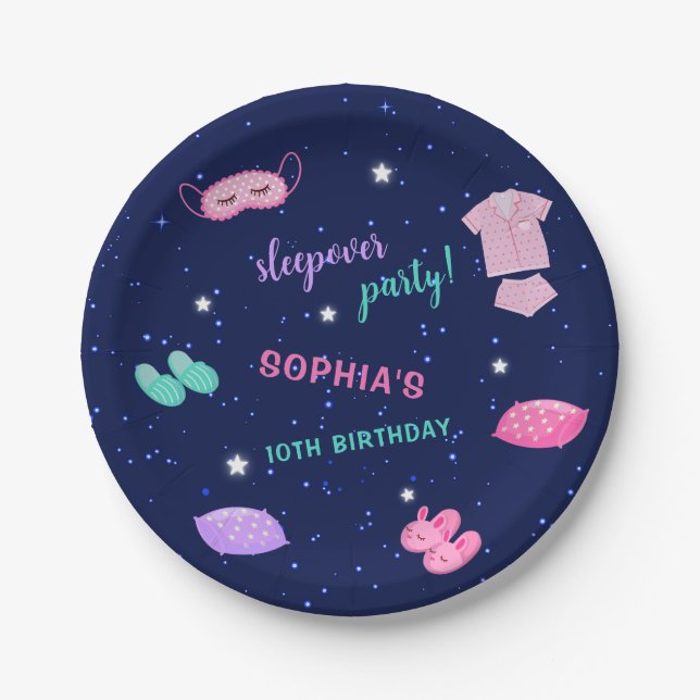 Pink Purple Sleepover Birthday Party Stars Paper Plates (Front)