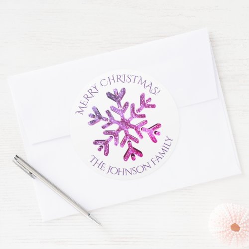 Pink Purple Snowflake Elegant Modern Christmas Classic Round Sticker