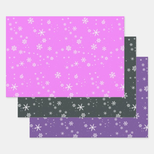 Pink Purple Snowflakes Christmas Holidays Wrapping Paper Sheets (Set)