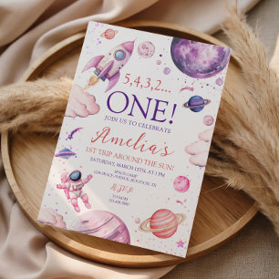 Pink Purple Space First Birthday Girl Astronaut Invitation