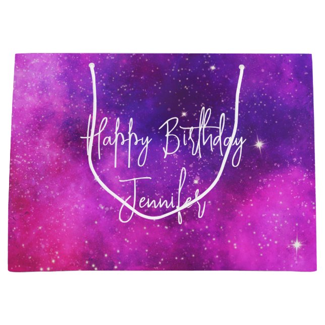 Pink & Purple Space & Stars Faux Galaxy Birthday Large Gift Bag (Front)