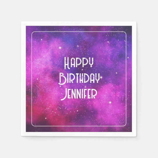 Pink & Purple Space & Stars Faux Galaxy Birthday Napkins (Front)