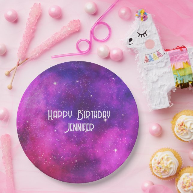 Pink & Purple Space & Stars Faux Galaxy Birthday Paper Plates (Party)