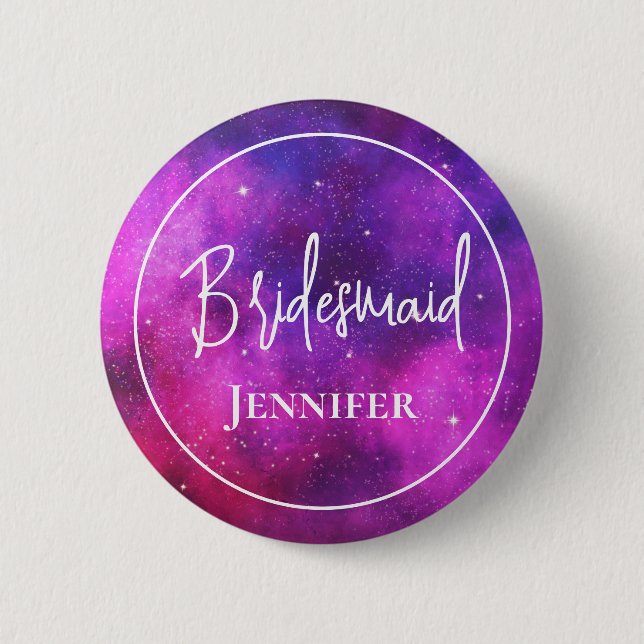 Pink & Purple Space & Stars Faux Galaxy Bridesmaid Button (Front)
