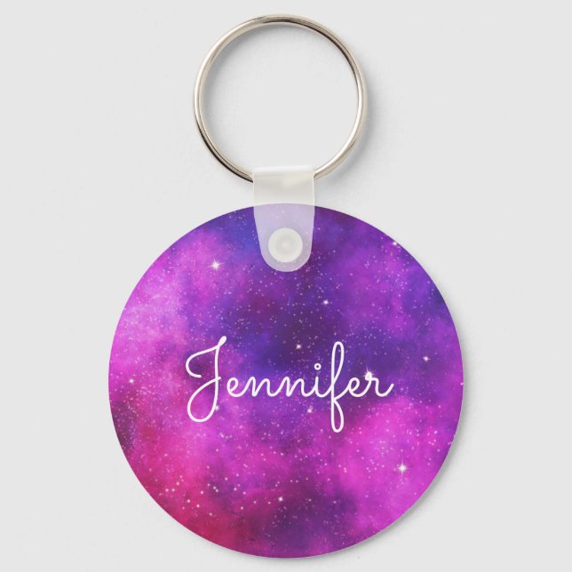 Pink & Purple Space & Stars Faux Galaxy Keychain (Front)