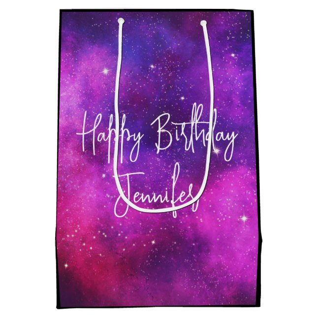 Pink & Purple Space & Stars Faux Galaxy Medium Gift Bag (Back)