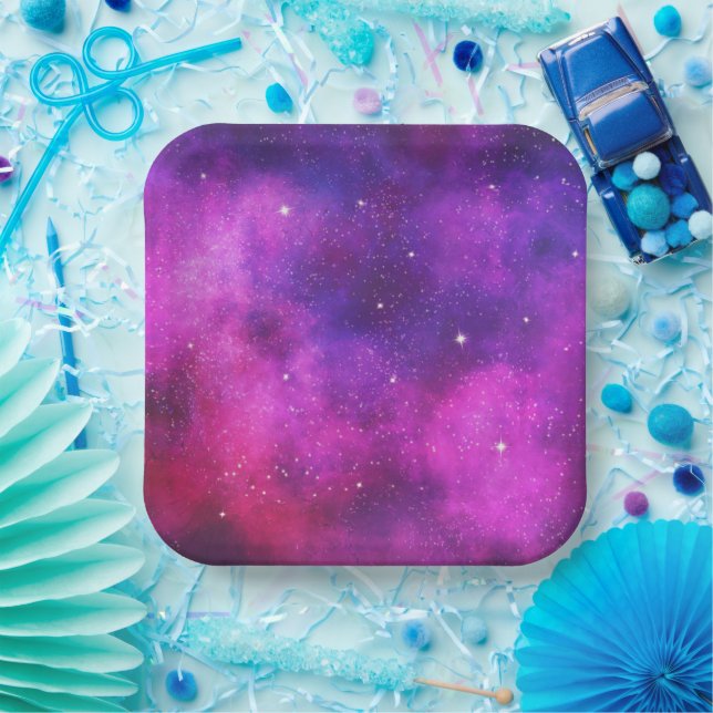 Pink & Purple Space & Stars Faux Galaxy Paper Plates (Party)