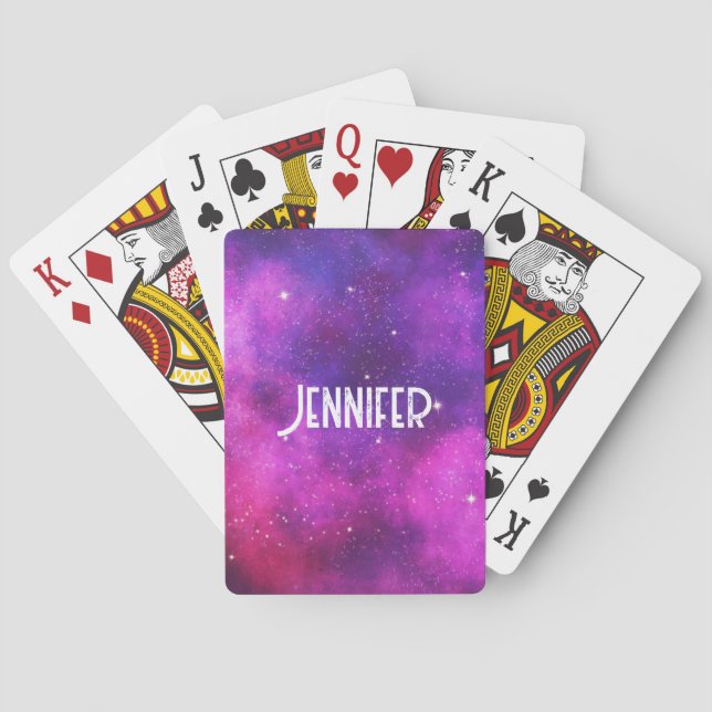 Pink & Purple Space & Stars Faux Galaxy Poker Cards (Back)