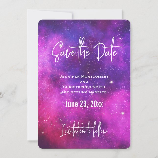 Pink & Purple Space & Stars Faux Galaxy Save The Date (Front)