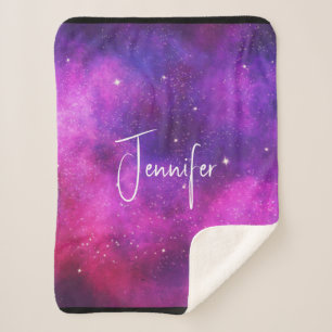Pink & Purple Space & Stars Faux Galaxy Sherpa Blanket