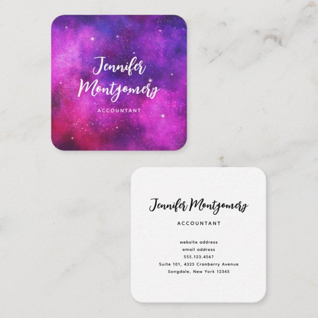 Pink & Purple Space & Stars Faux Galaxy Square Business Card (Front/Back)