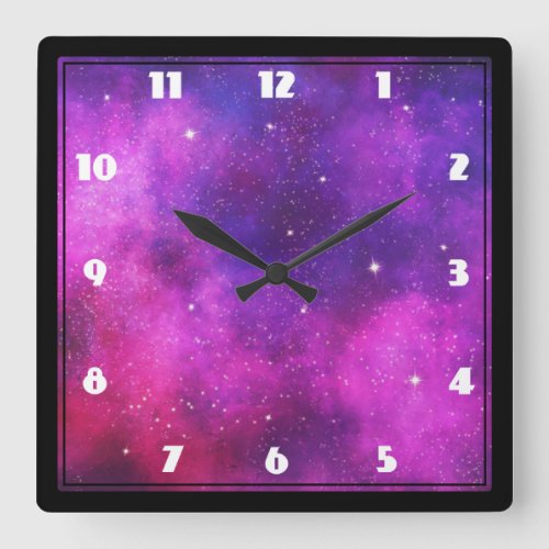 Pink  Purple Space  Stars Faux Galaxy Square Wall Clock