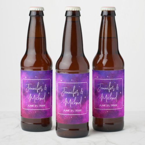 Pink  Purple Space  Stars Faux Galaxy Wedding Beer Bottle Label