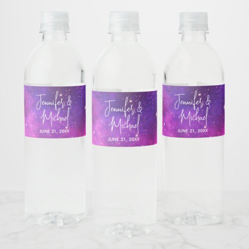 Pink  Purple Space  Stars Faux Galaxy Wedding Water Bottle Label