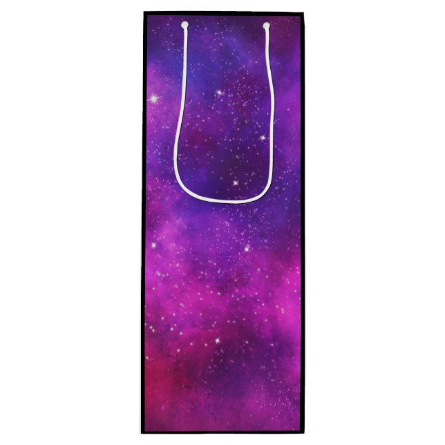 Pink & Purple Space & Stars Faux Galaxy Wine Gift Bag (Front)