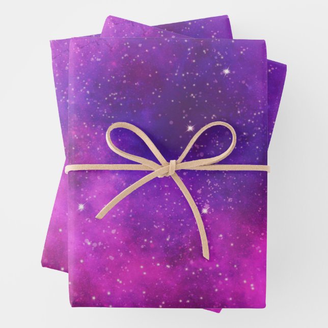 Pink & Purple Space & Stars Faux Galaxy Wrapping Paper Sheets (In situ)