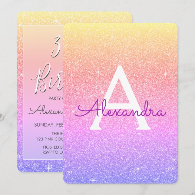 Pink Purple Sparkle Glitter 30th Birthday Party Invitation (Front/Back)