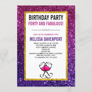 Pink & Purple Sparkle Glitter 40th Birthday Party Invitation