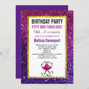Pink & Purple Sparkle Glitter 50th Birthday Party Invitation