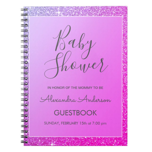 Pink Purple Sparkle Glitter Baby Shower Guestbook Notebook (Front)