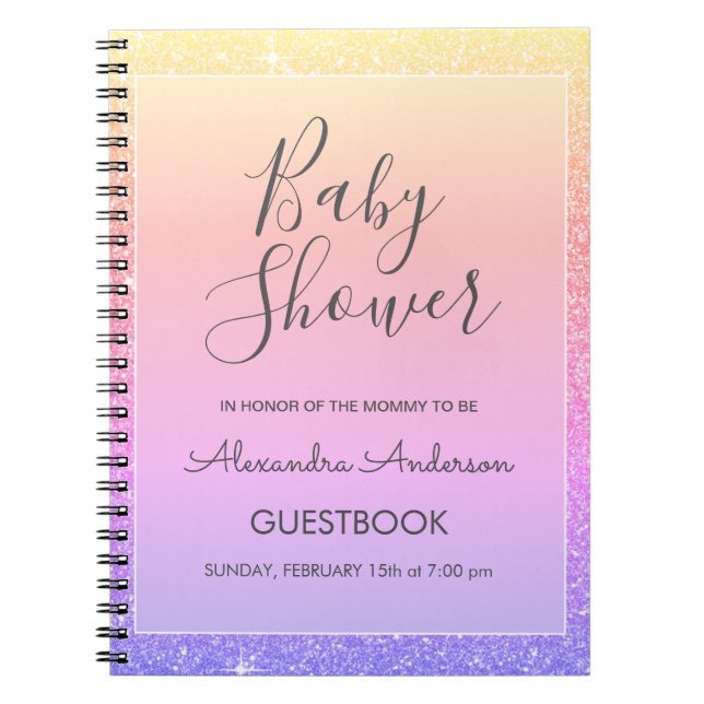 Pink Purple Sparkle Glitter Baby Shower Guestbook Notebook (Front)