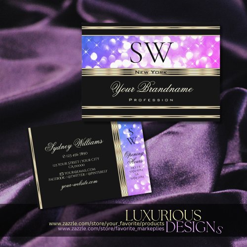 Pink Purple Sparkle Glitter Monogram Black Gold Business Card