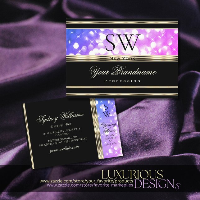 Pink Purple Sparkle Glitter Monogram Black Gold Business Card (Creator Uploaded)