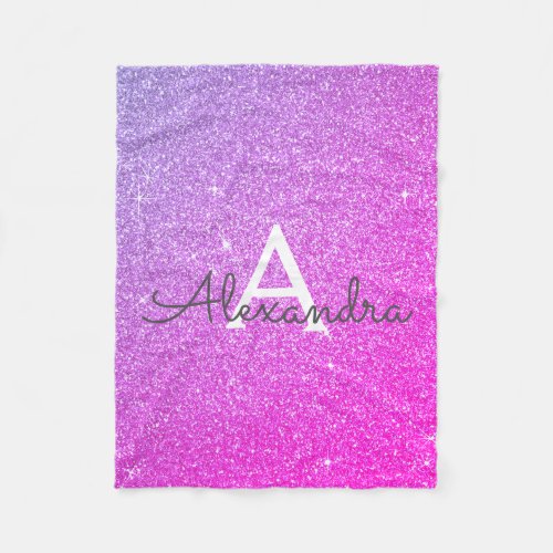 Pink Purple Sparkle Glitter Monogram Name Fleece Blanket