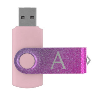 Pink Purple Sparkle Glitter Monogram Name] Initial Flash Drive