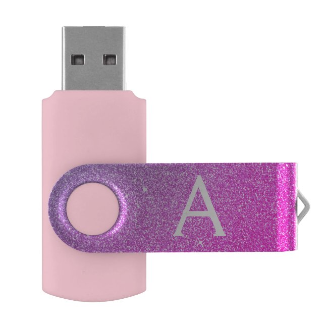 Pink Purple Sparkle Glitter Monogram Name] Initial Flash Drive (Opened)
