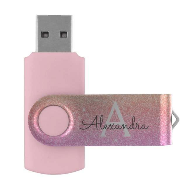 Pink Purple Sparkle Glitter Monogram Name] Initial Flash Drive (Opened)