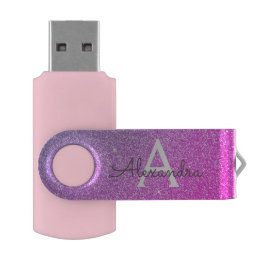 Pink Purple Sparkle Glitter Monogram Name] Initial Flash Drive