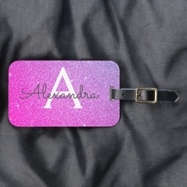 Pink - Purple Sparkle Glitter Monogram Name Luggage Tag (Creator Uploaded)