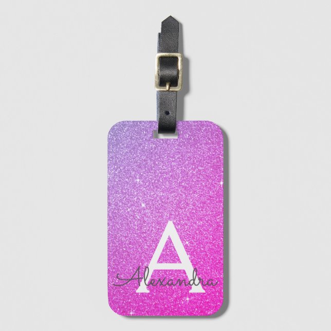 Pink Purple Sparkle Glitter Monogram Name Luggage Tag (Front Vertical)