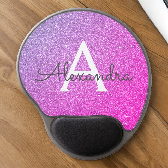 Pink Purple Sparkle Glitter Monogram Name Mousepad (Creator Uploaded)
