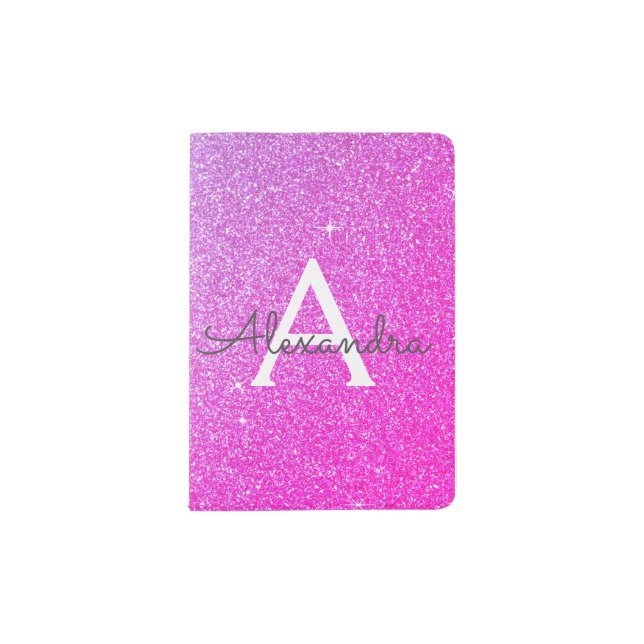 Pink - Purple Sparkle Glitter Monogram Name Passport Holder (Front)
