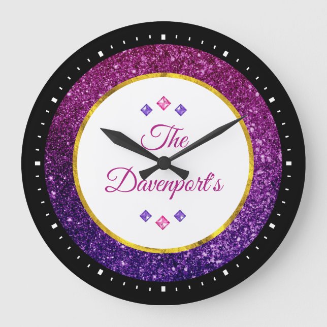 Pink & Purple Sparkling Gemstones Large Clock (Front)