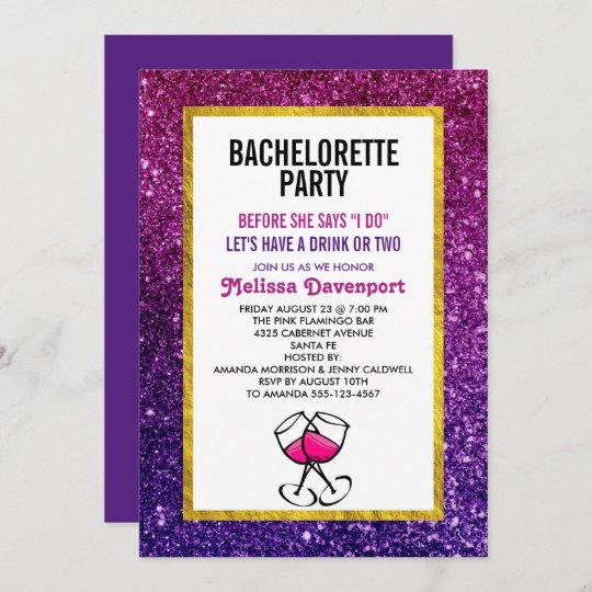 Pink & Purple Sparkling Glitter Bachelorette Party Invitation | Zazzle.com