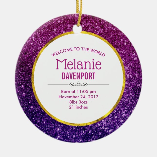 Pink & Purple Sparkling Glitter Gemstones Birth Ceramic Ornament (Front)