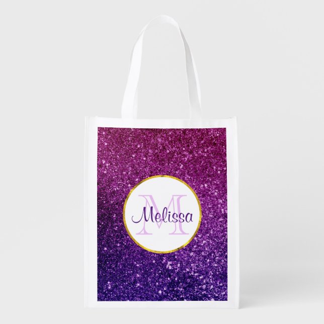 Pink & Purple Sparkling Glitter Gemstones Monogram Grocery Bag (Front)