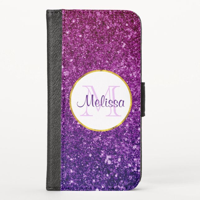Pink & Purple Sparkling Glitter Gemstones Monogram iPhone Wallet Case (Front)